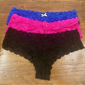 3 Pack Victoria's Secret Cheeky All Over Lace Panty Blue Pink Black